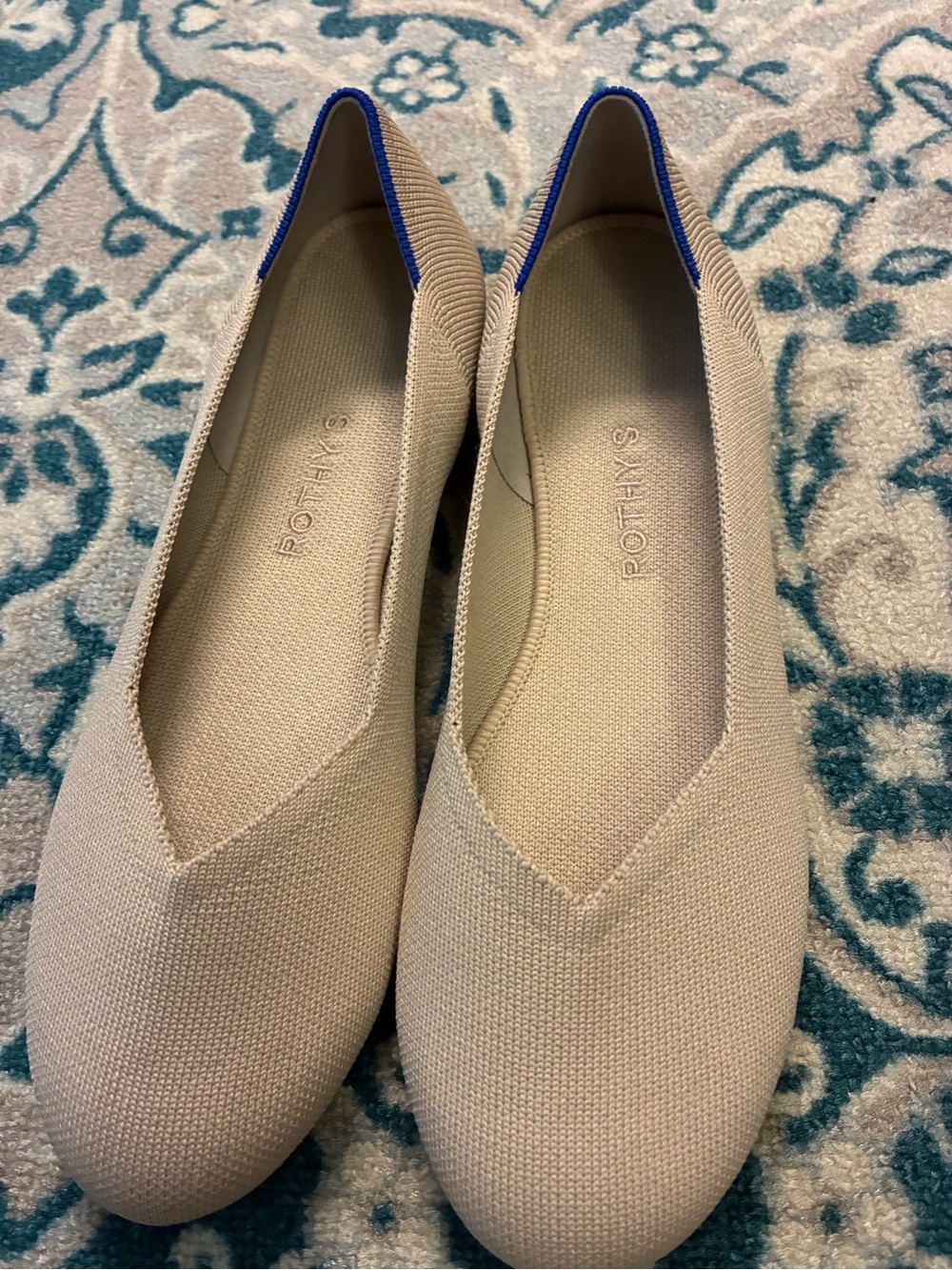 Rothy's Beige Round Flats with Blue Trim. Size 10.5.